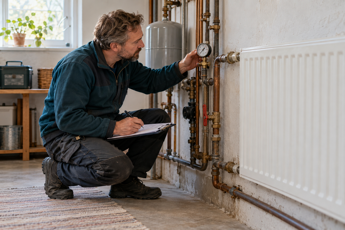 Illustration av en installatör som kontrollerar ett radiatorsystem inför arbetet.