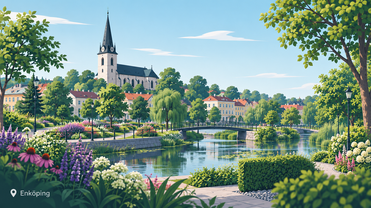 Illustration av Enköping med Vårfrukyrkan, parker och Åpromenaden