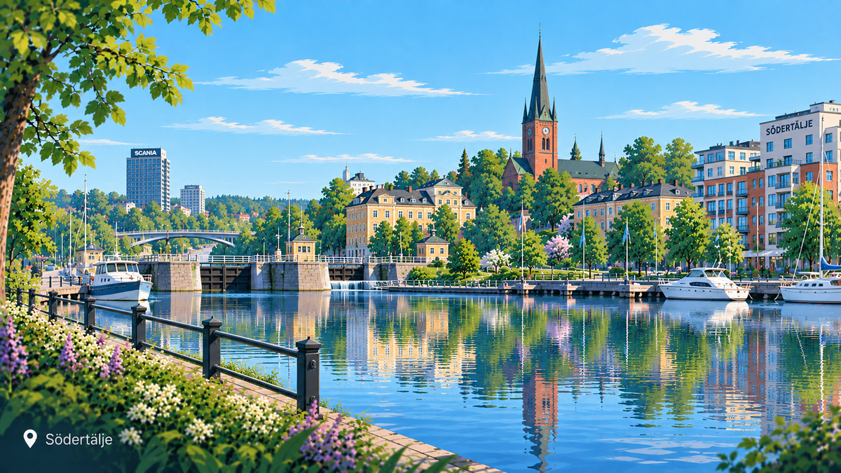 Illustration av Södertälje med Maren, Södertälje kanal, Sankta Ragnhilds kyrka och stadskärnan