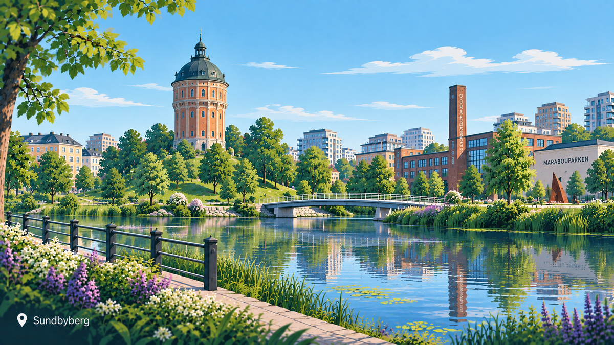 Illustration av Sundbyberg med Tornparken, vattentornet, Marabouparken, Bällstaviken och Signalfabriken