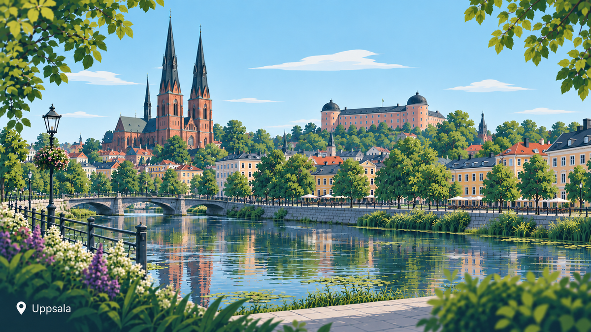 Illustration av Uppsala med domkyrkan, Fyrisån och Uppsala slott