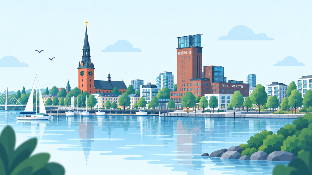 Illustration av Västerås med domkyrkan, Kokpunkten, Mälaren och stadens waterfront