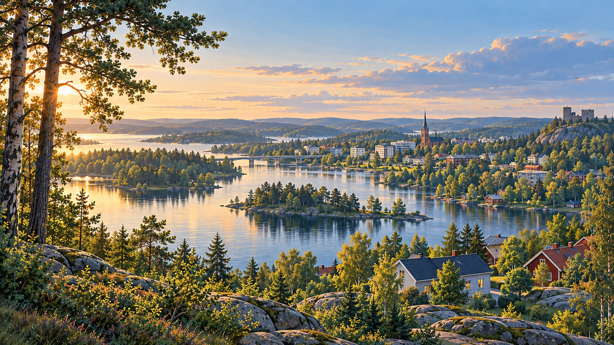 Illustrerad vy inspirerad av Smålands sjöar, skogar och samhällen