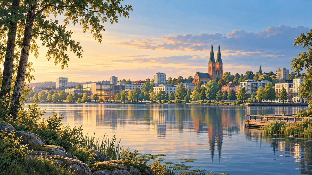 Illustration inspirerad av Växjös sjöar och stadsmiljö