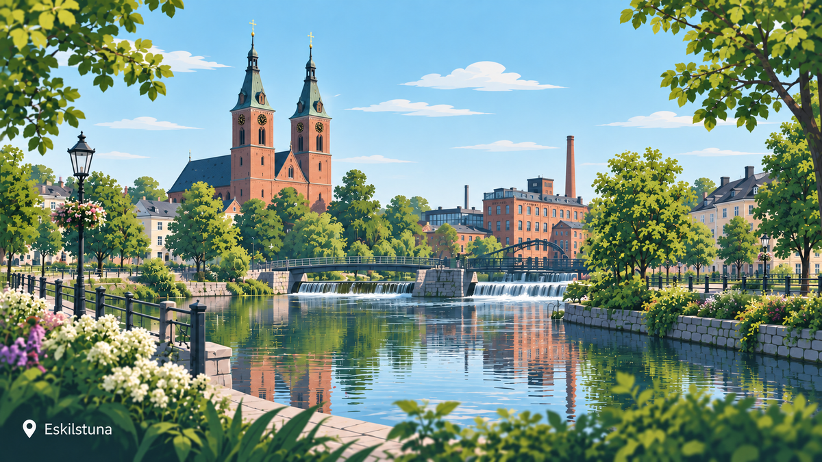 Illustration av Eskilstuna med Klosters kyrka, Eskilstunaån och Munktellmiljö