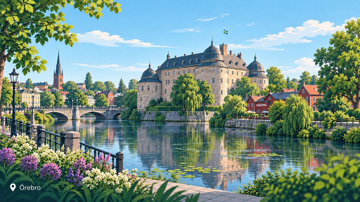 Illustration av Örebro med Örebro slott, Svartån och Wadköping
