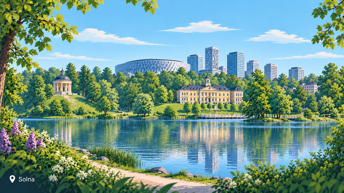 Illustration av Solna med Hagaparken, Brunnsviken och Arenastaden