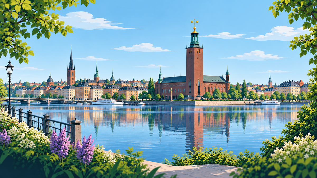 Illustration av Stockholm med Stadshuset, Gamla stan och waterfront