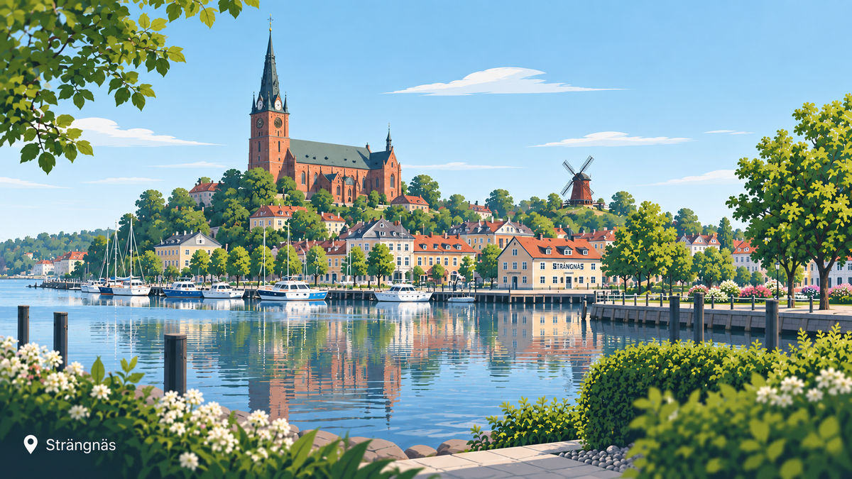 Illustration av Strängnäs med domkyrkan, Mälaren, Västerviken och kvarnen