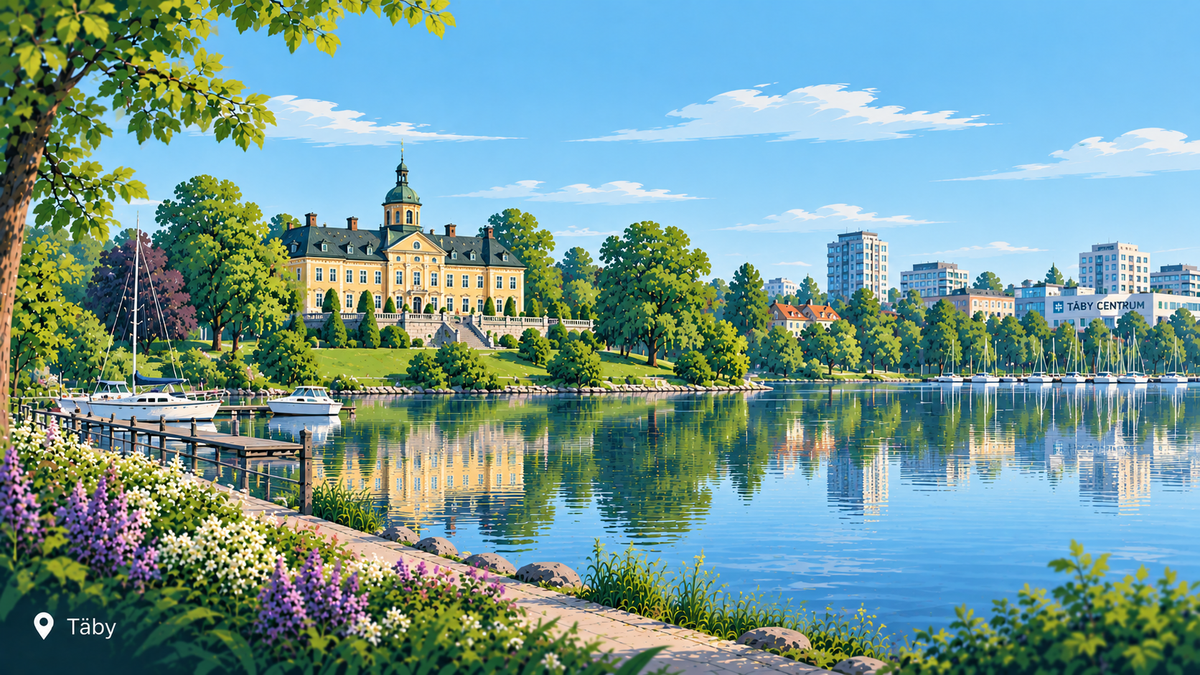 Illustration av Täby med Näsby slott, Näsbyviken, marina och modern Täbybebyggelse