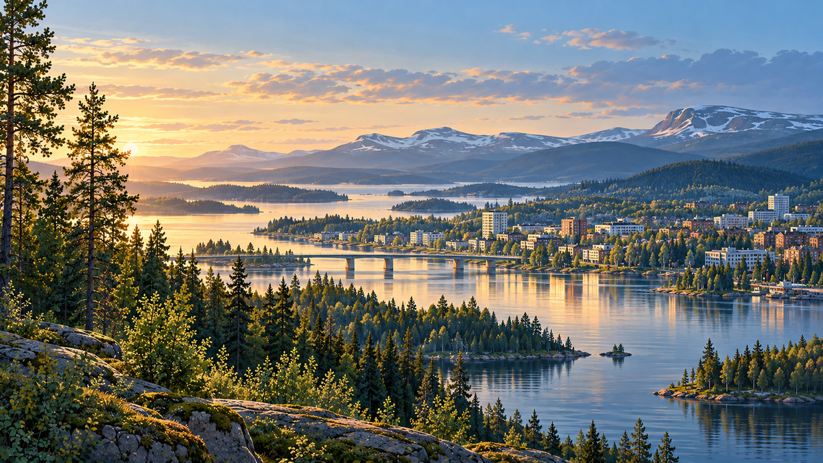 Illustrerad vy inspirerad av Norrlands sjöar, skogar och fjäll