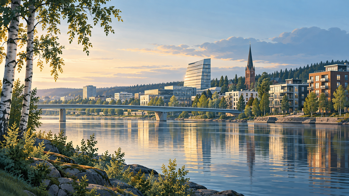Illustration inspirerad av Umeås älvlandskap och stadsmiljö