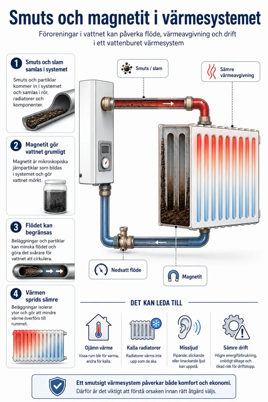 Teknisk infografik som visar hur smuts, slam och magnetit kan påverka flöde, värmeavgivning och drift i ett vattenburet värmesystem.
